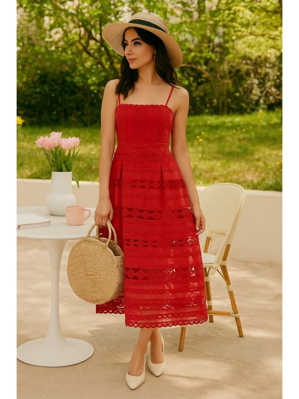 Hyacinth House by Tuckernuck Red Lace Marlee Midi Dress sz S Small Sleeveless